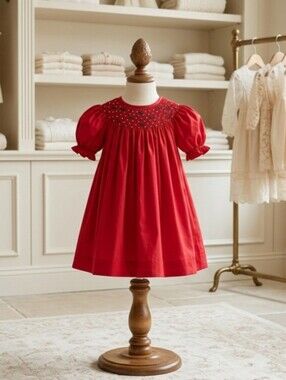 Love Me Red Heirloom Smocked Bishop Dress with Green Bows & Pearls Size 4